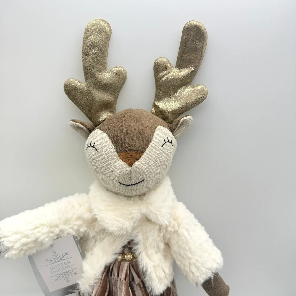 Winter Dreams Reindeer Plush Doll Gold Antlers Faux Fur Jacket Velvet Skirt 21in